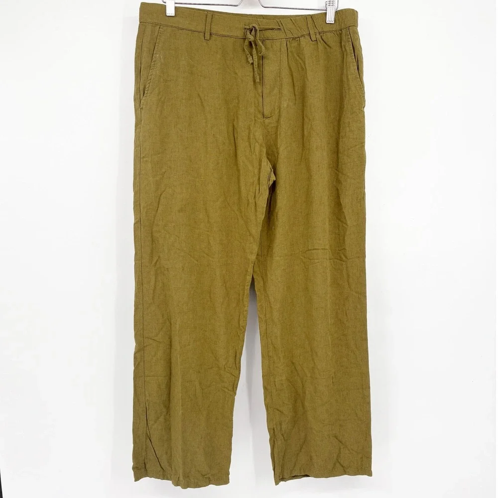 Zara Womens Olive Green Linen Blend Wide Leg Relaxed Boho Coastal Pants‎ Size XL
